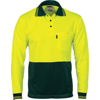 DNC HiVis Two Tone Cool Breathe Polo Shirt, Long Sleeve - Yellow/Bottle Green